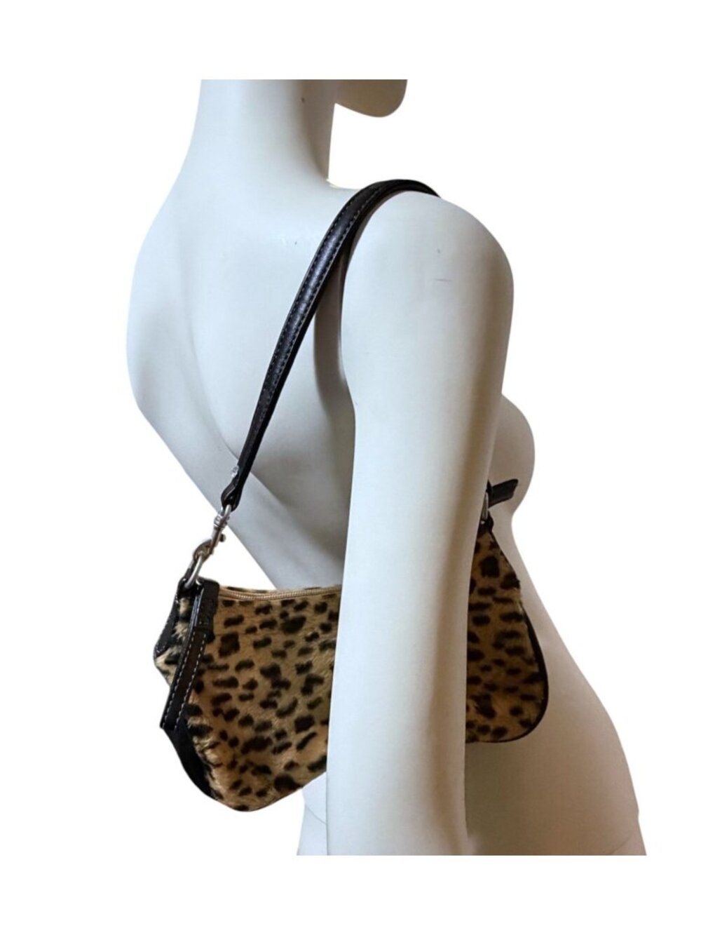 Y2K Limited Too Faux Fur Leopard Print Shoulder Bag Crescent Rhinestones Zip